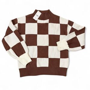 Athmile Very Soft Brown and Cream Checkered Women's Mock Neck Sweater Size Small